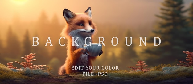 Red fox with a cup of coffee outdoors background