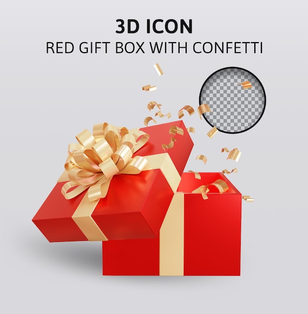 Confezione regalo rossa con fiocco dorato e illustrazione di rendering 3d di coriandoli