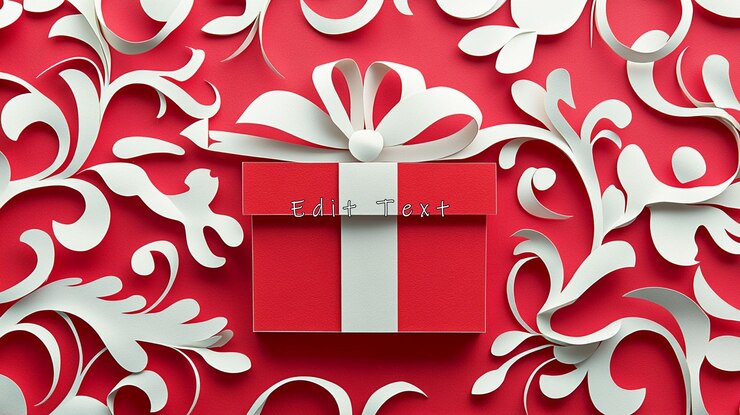 PSD red gift box with white ribbon and bow on red background with white paper swirls