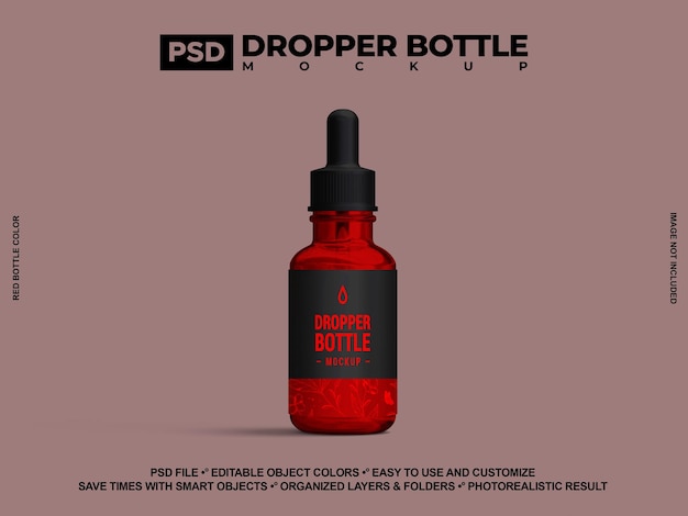 PSD bottiglia di vetro rosso con oli essenziali e gocciola 3d render psd mockup per il marchio