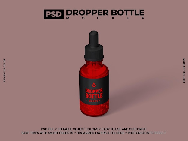 Red glass bottle with essential oils and dropper 3d render psd mockup for branding