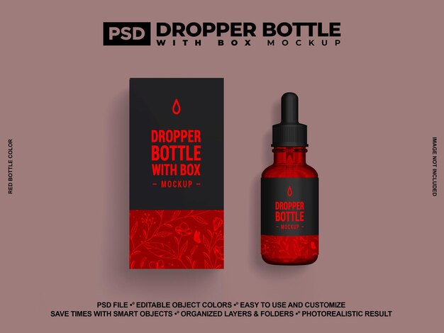 Modello di bottiglia a goccia di olio essenziale di vetro rosso modello psd della bottiglia rossa per il marchio