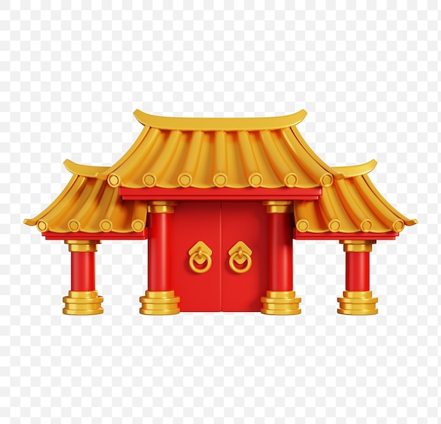 PSD red gold chinese gate with door chinese new year elements icon 3d rendering