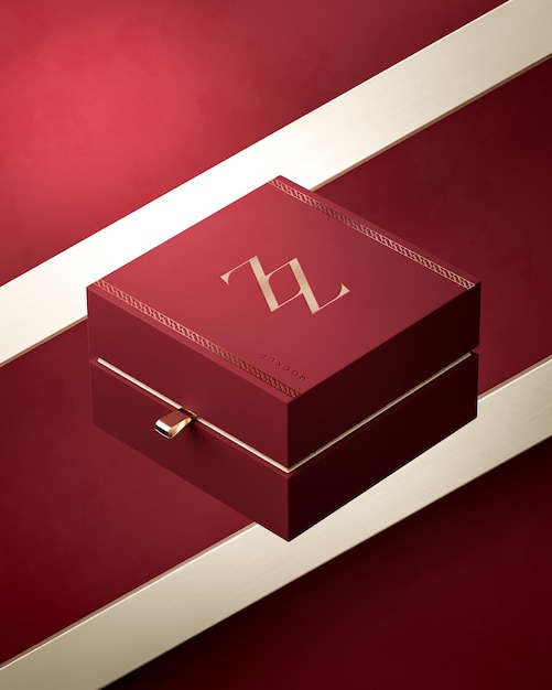 PSD red gold gift box mockup for brand identity on red background 3d render