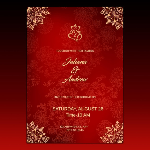 a red and gold wedding invitation for a celebration