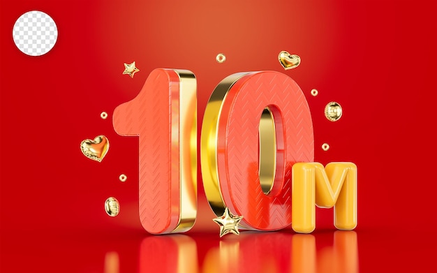 Red golden number 10m ten million social media followers subscribers celebration 3d render