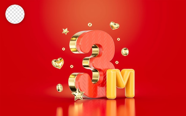 Red golden number 3m three million social media followers subscribers celebration 3d render