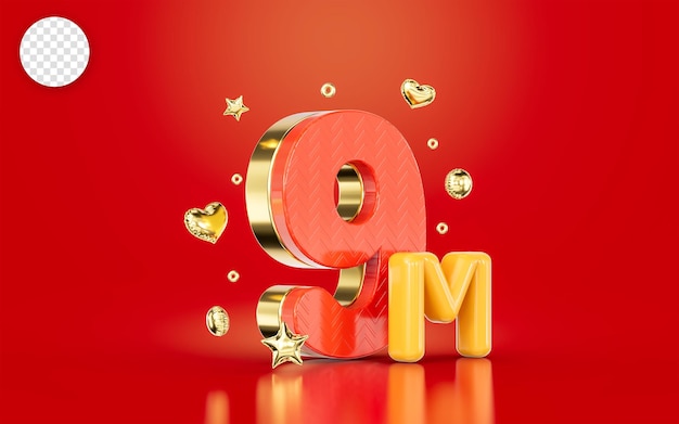 red golden number 9m nine million social media followers Subscribers celebration 3d render