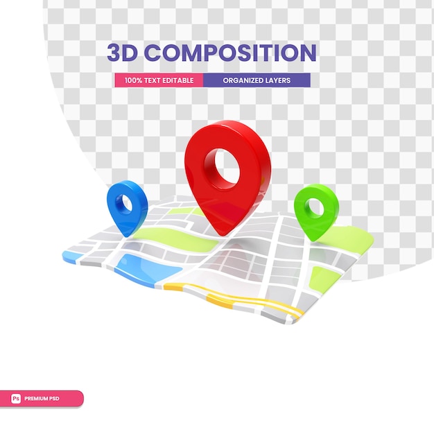 PSD perno rosso gps sulla mappa nel rendering 3d