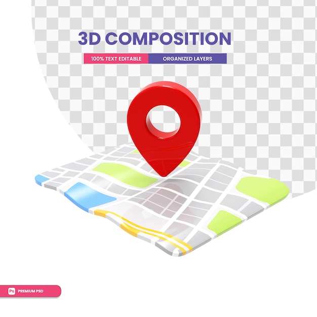 Red GPS pin on the map in 3d rendering