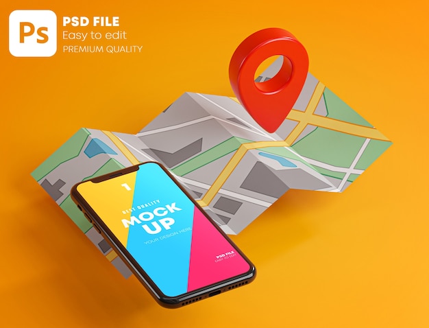 Красный значок GPS на смартфоне и макет карты в 3D-рендеринге