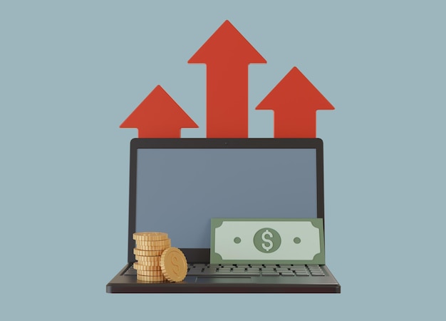 Red growing graphic with rising arrow behind laptop and money 3d render