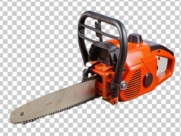Red hand electric chainsaw on gray background
