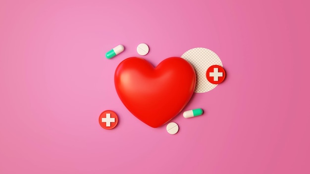 A red heart with a white cross on it and a pill in the middle