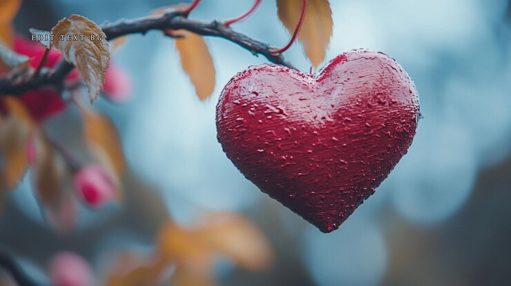 PSD red heartshaped ornament hanging on a tree branch with water droplets