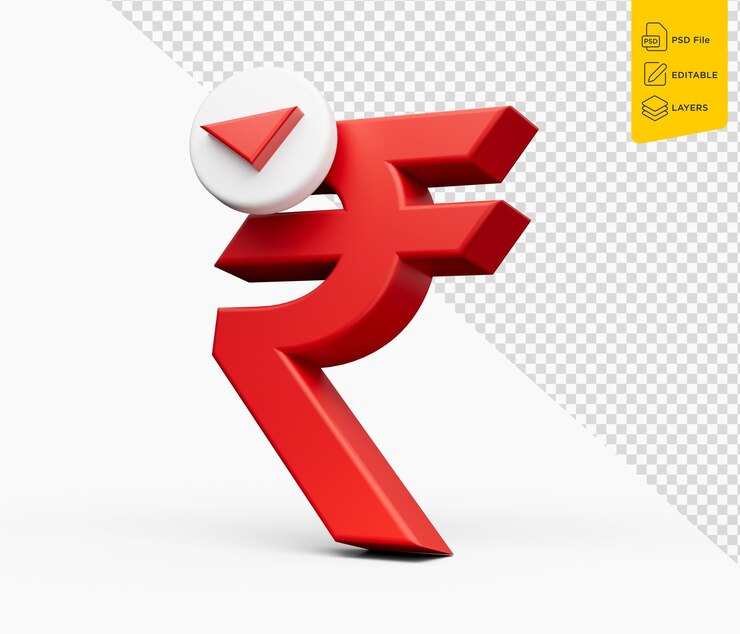 PSD red indian rupee sign with downward red and white arrow white background 3d illustration