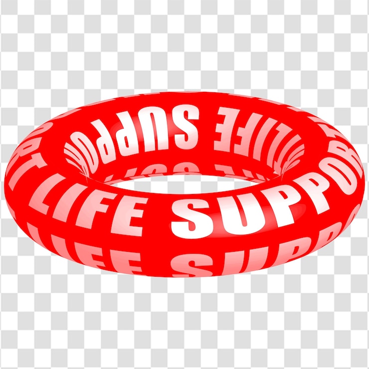 PSD red inflatable swim tube with bold life support text for safety isolated on a transparent background