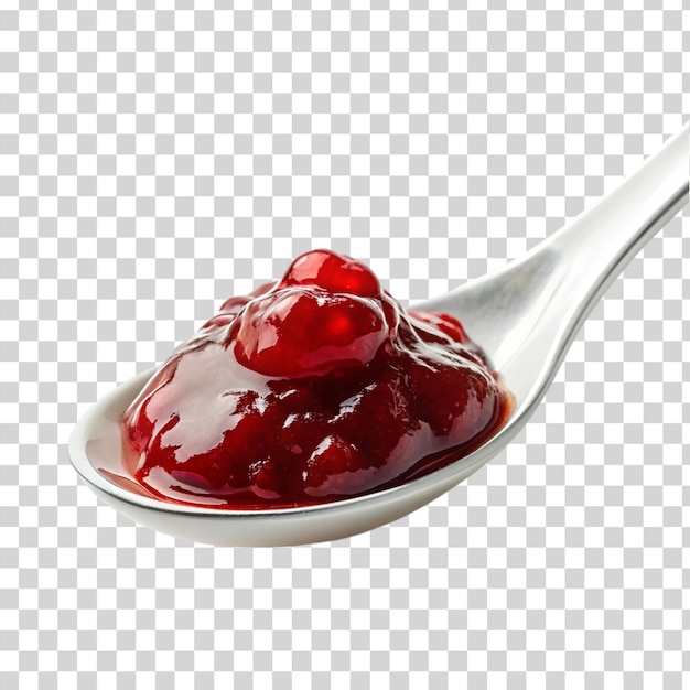 PSD red jam on white spoon isolated on transparent background