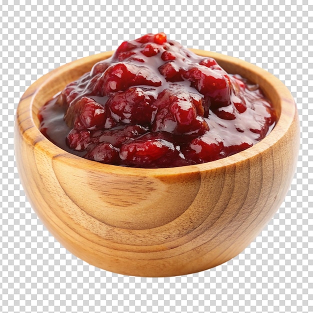 red jam on wooden bowl isolated on white background