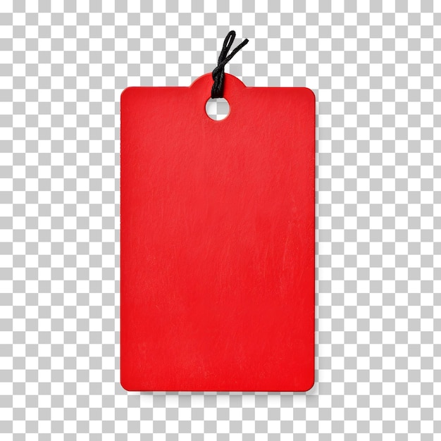 PSD red label tag with a black string isolated on a transparent background