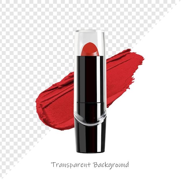 a red lipstick with a black base and the words transparencies on the bottom