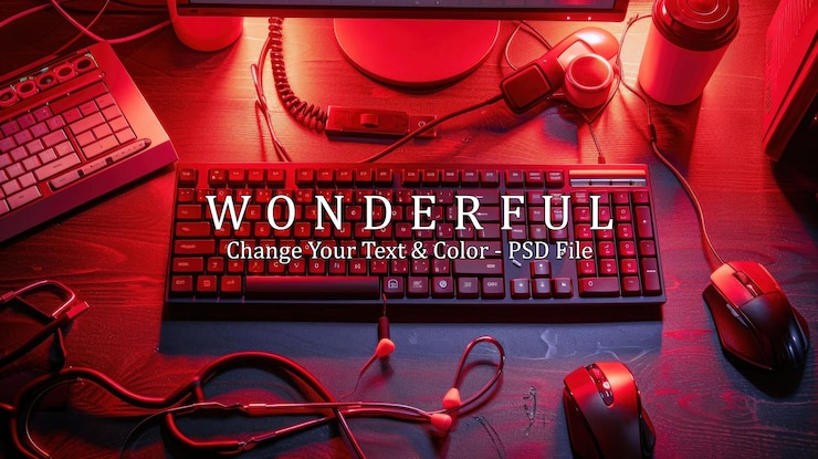 PSD red lit desk with keyboard and mouse
