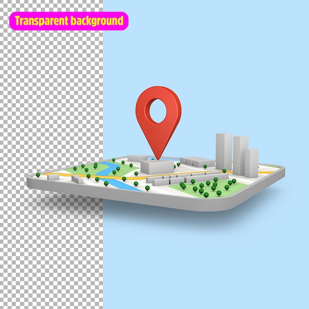 PSD red location pin sign icon and gps navigation map road direction with find route mark travel destination navigator 3d rendering