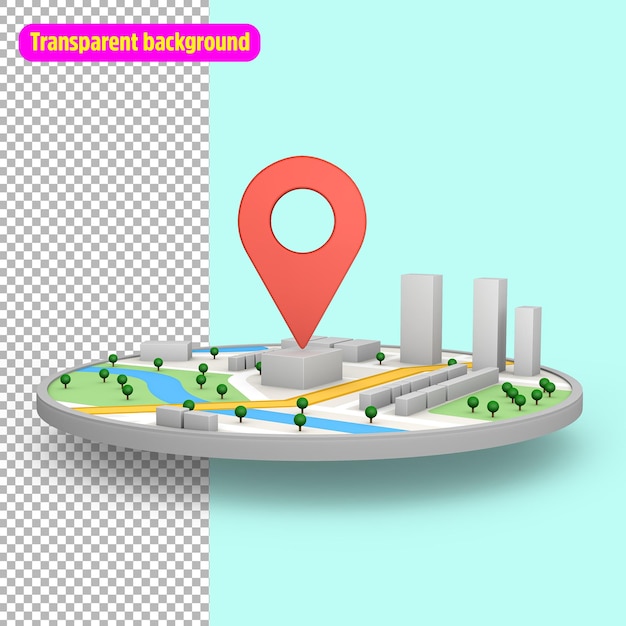 Red location pin sign icon and gps navigation map road direction with find route mark travel destination navigator 3D rendering