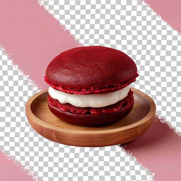 A red macaron with white and red on a wooden plate