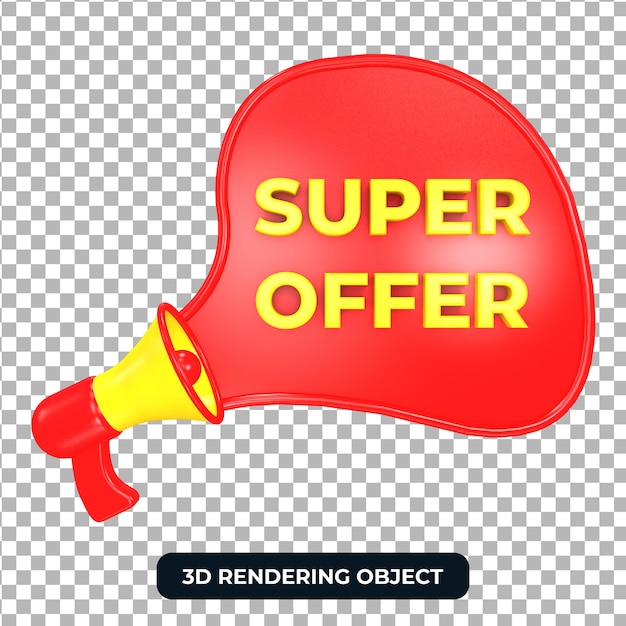 PSD red megaphone with super offer 3d render isolated