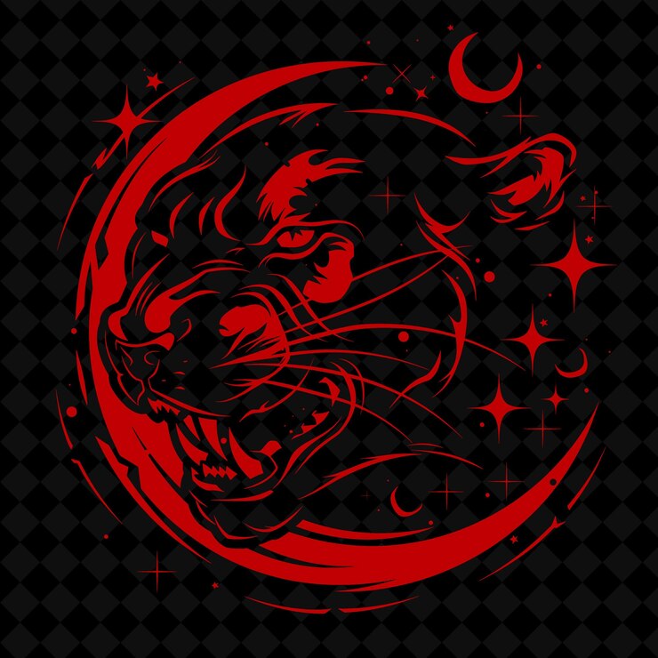 PSD a red moon with stars and a lion head on the side