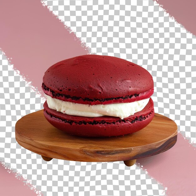 PSD a red muffin with white cream and red frosting sits on a wooden cutting board