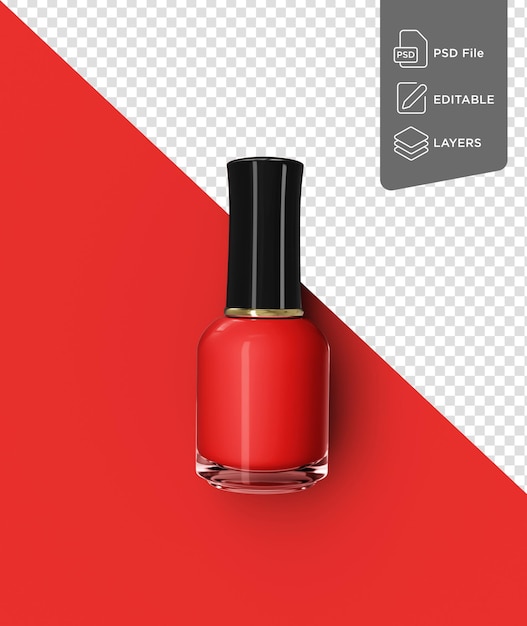PSD mockup di bottiglia di vetro per smalto rosso su sfondo rosso vista dall'alto bellezza cosmetica 3d'illustrazione