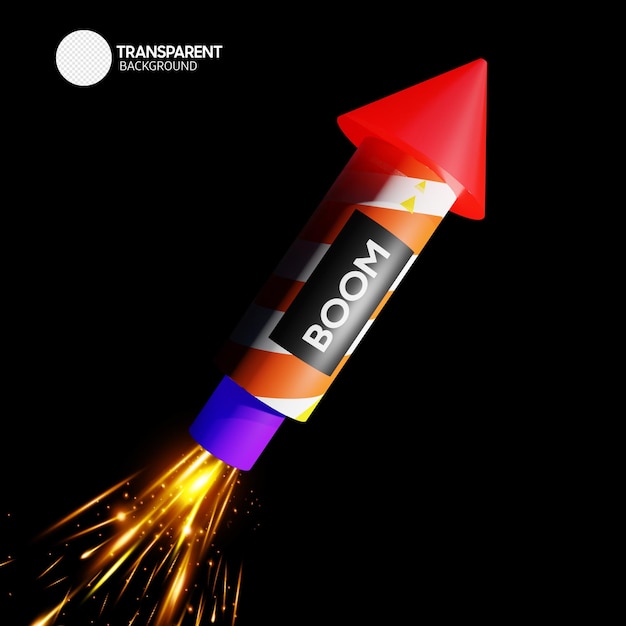 A red and orange rocket with the word boom on it.