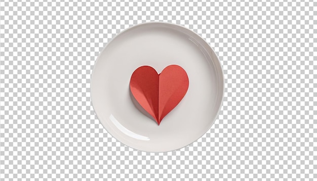 PSD red paper heart on white plate on transparent background