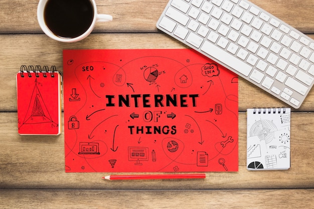 PSD red paper mockup with internet of things concept