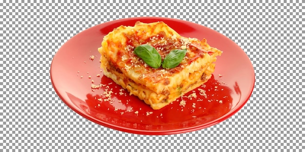 Un piatto rosso con fetta di lasagna su sfondo trasparente