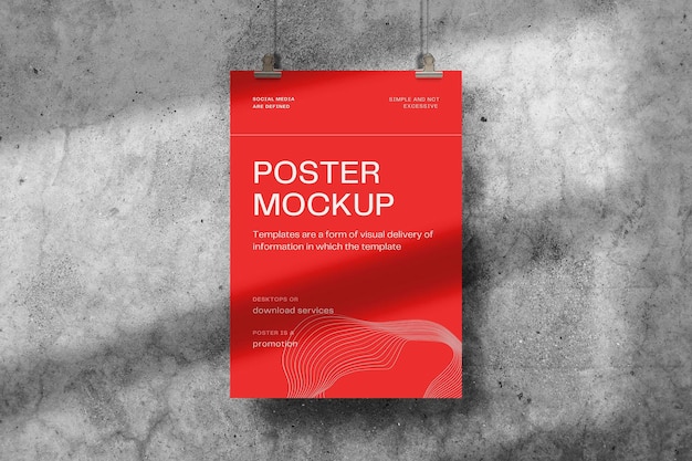 Red poster mockup hanging on wall texture with shadow