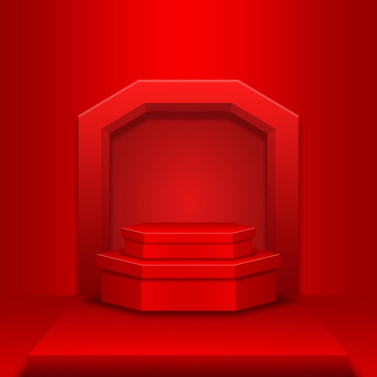 Red product podium with red stage on red wall