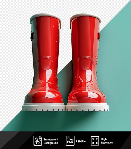 PSD red rain boots in white and red on a blue background with a blue wall in the background png psd