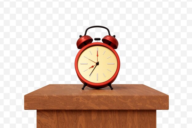 red realistic vintage alarm clock lying on wood table dark color 3d rendering illustration
