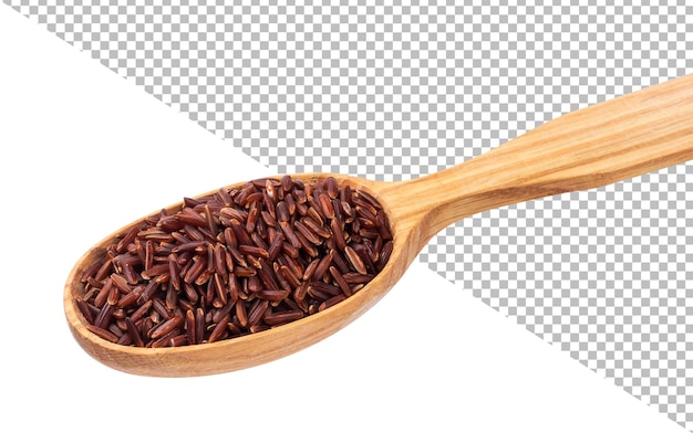 Red rice groats in wooden spoon isolated on white background