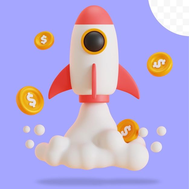 red rocket with gold coin 3d illustration