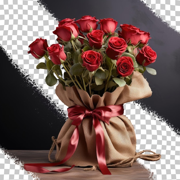 PSD red roses bouquet with red ribbon wrapped in brown paper placed in a rusty iron vase with space for text
