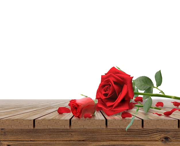 Red roses and rose petals on wooden table top transparent background