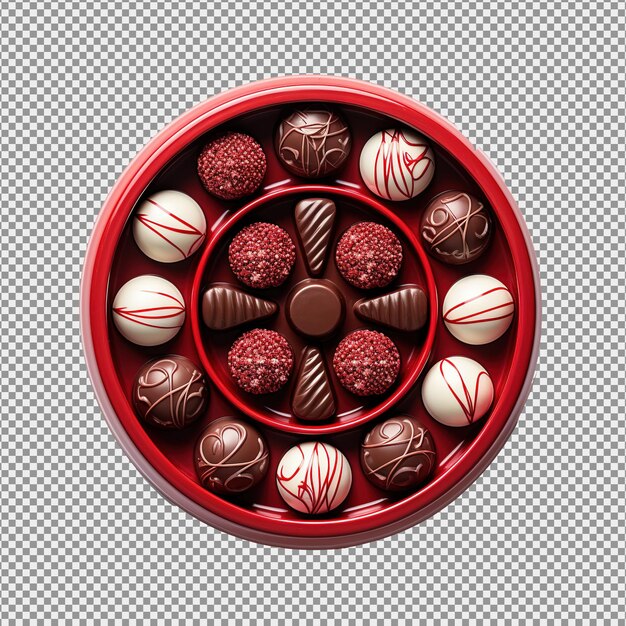 PSD red round box with chocolates candies top view white background