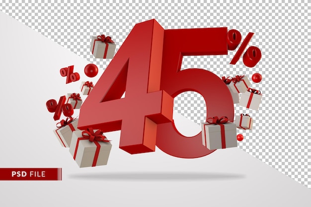 PSD red sale 45 percent off promotional 3d number floating with gift boxes