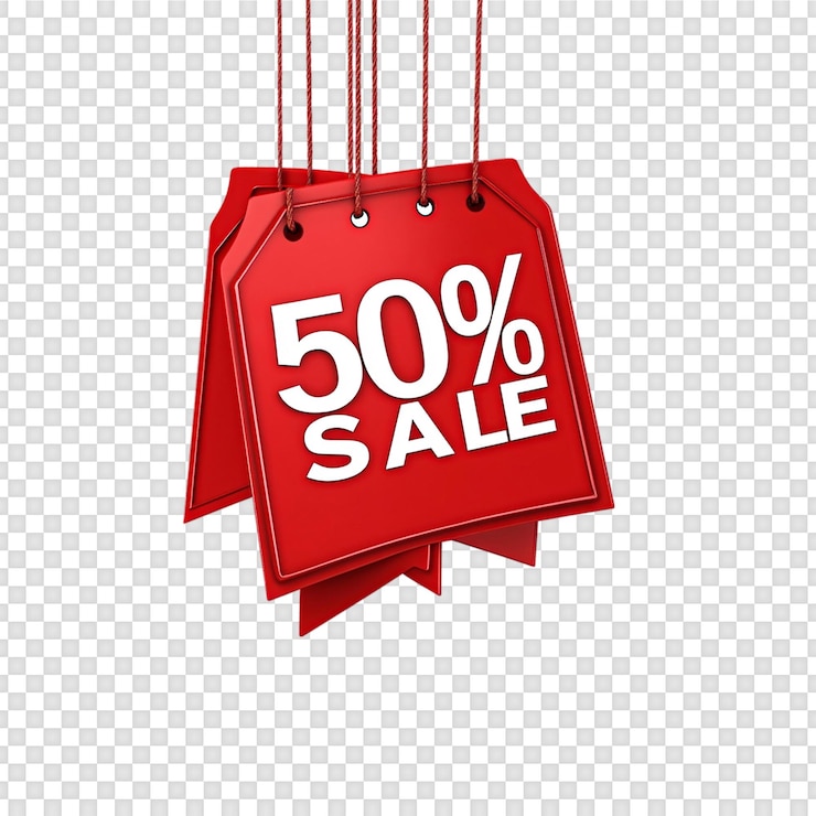 PSD red sale tag with half percentage off discount on transparent background
