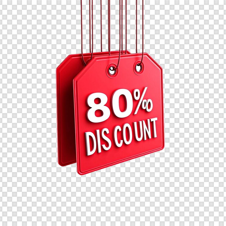 PSD red sale tag with percentage off discount on transparent background