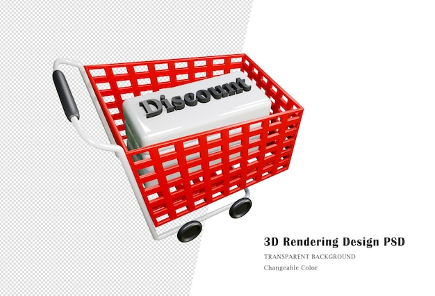 Red shopping cart trolley with discount message. 3d shopping basket or cart for promotion.